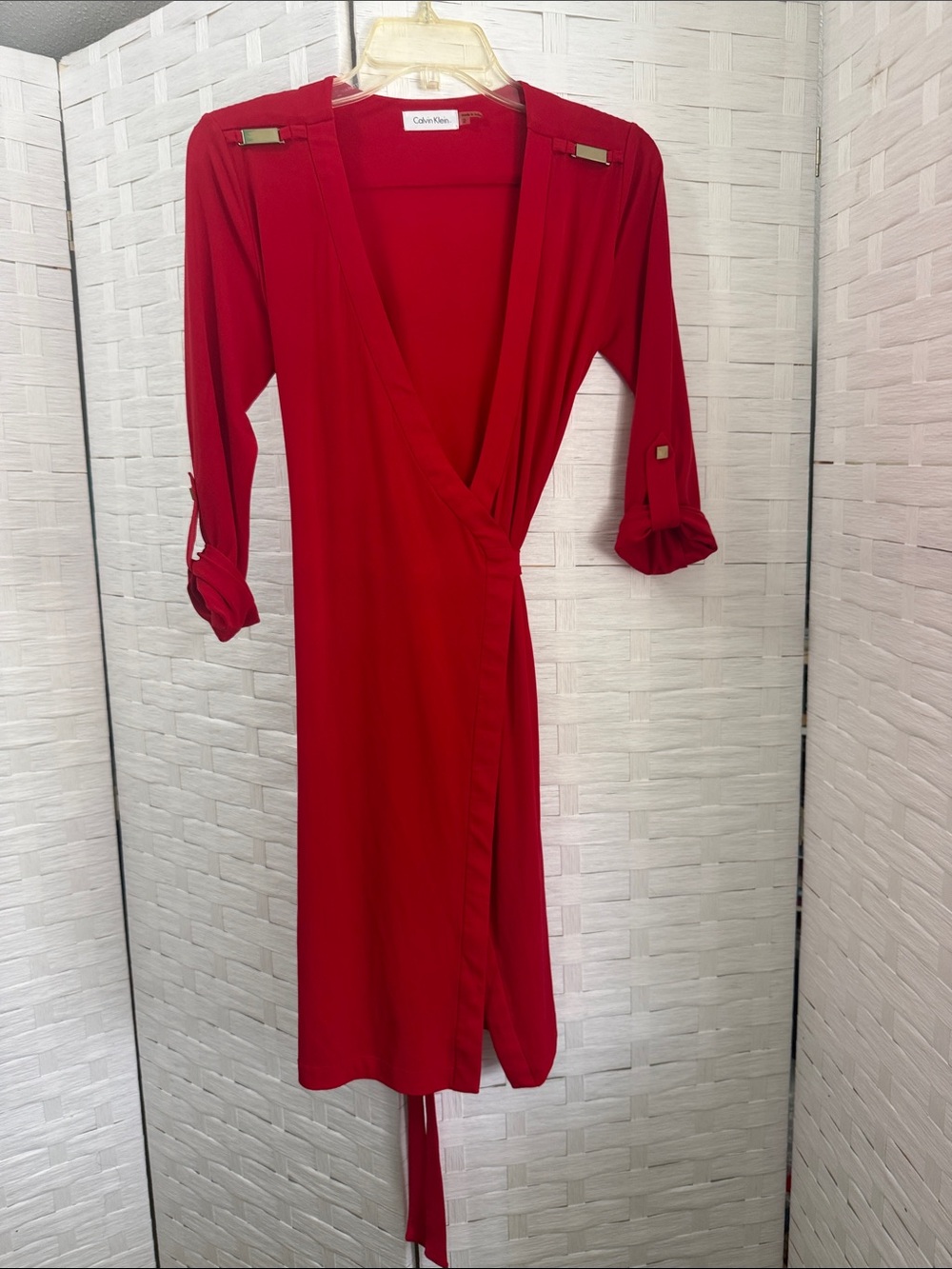 Calvin Klein Red Wrap Midi Dress with Rolled Sleeves size 2